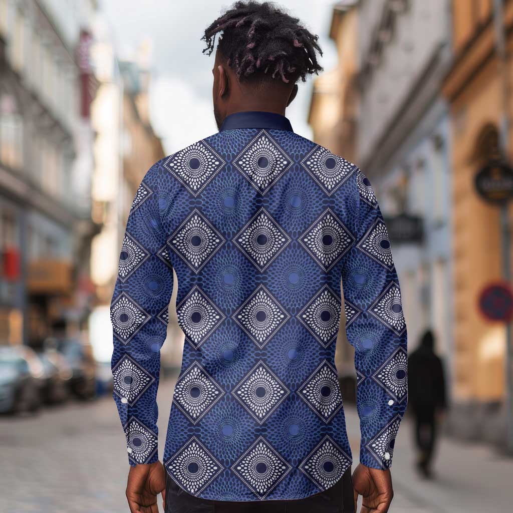 Indigo Diamond African Ankara Pattern Long Sleeve Button Shirt