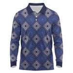 Indigo Diamond African Ankara Pattern Long Sleeve Polo Shirt