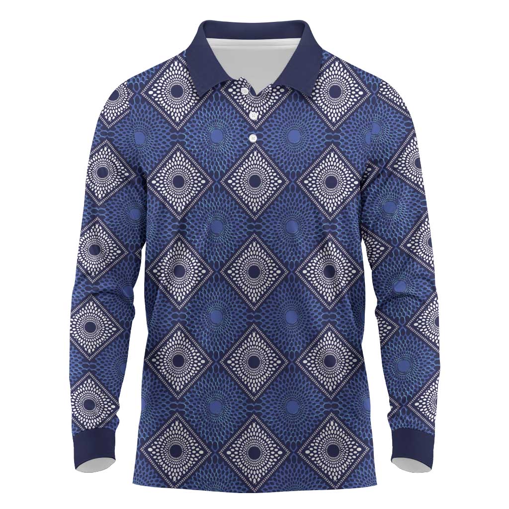 Indigo Diamond African Ankara Pattern Long Sleeve Polo Shirt