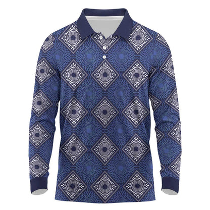 Indigo Diamond African Ankara Pattern Long Sleeve Polo Shirt