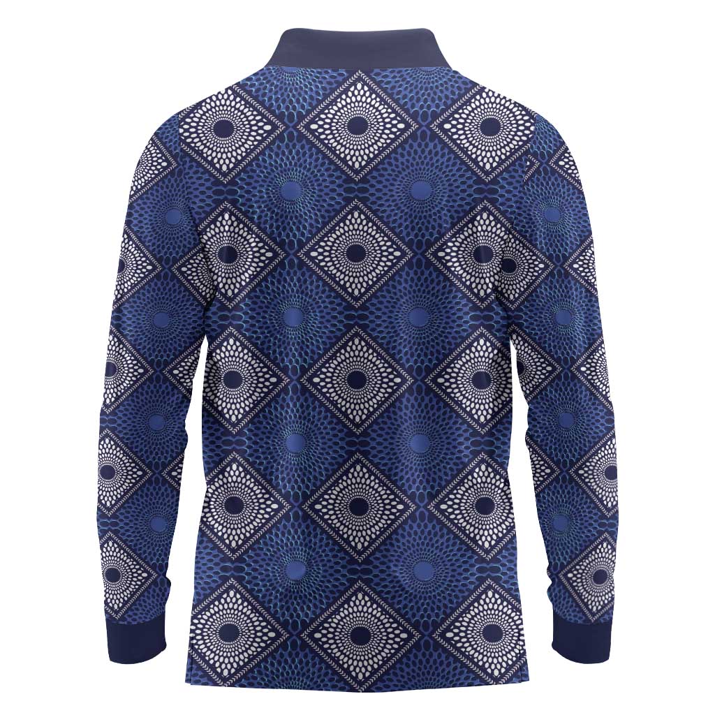 Indigo Diamond African Ankara Pattern Long Sleeve Polo Shirt