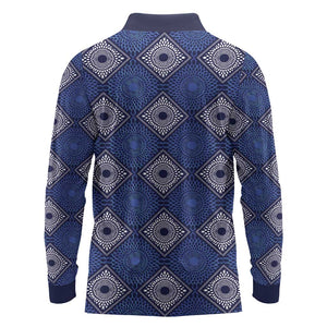 Indigo Diamond African Ankara Pattern Long Sleeve Polo Shirt