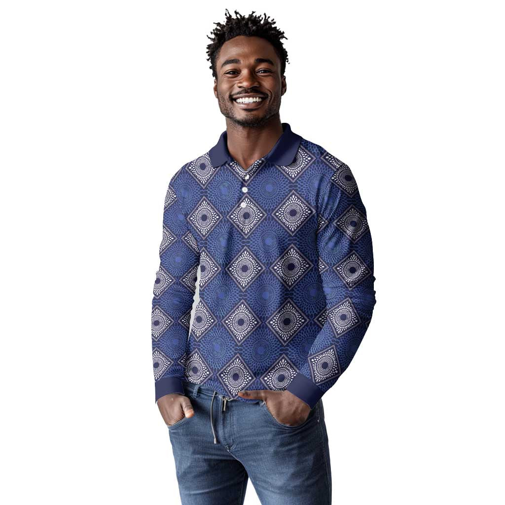 Indigo Diamond African Ankara Pattern Long Sleeve Polo Shirt