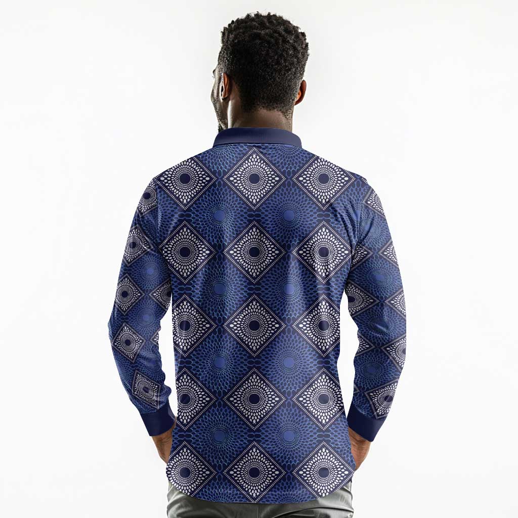 Indigo Diamond African Ankara Pattern Long Sleeve Polo Shirt