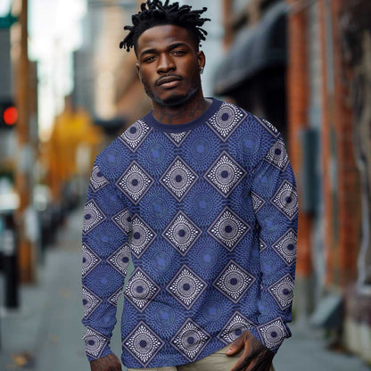 Indigo Diamond African Ankara Pattern Long Sleeve Shirt
