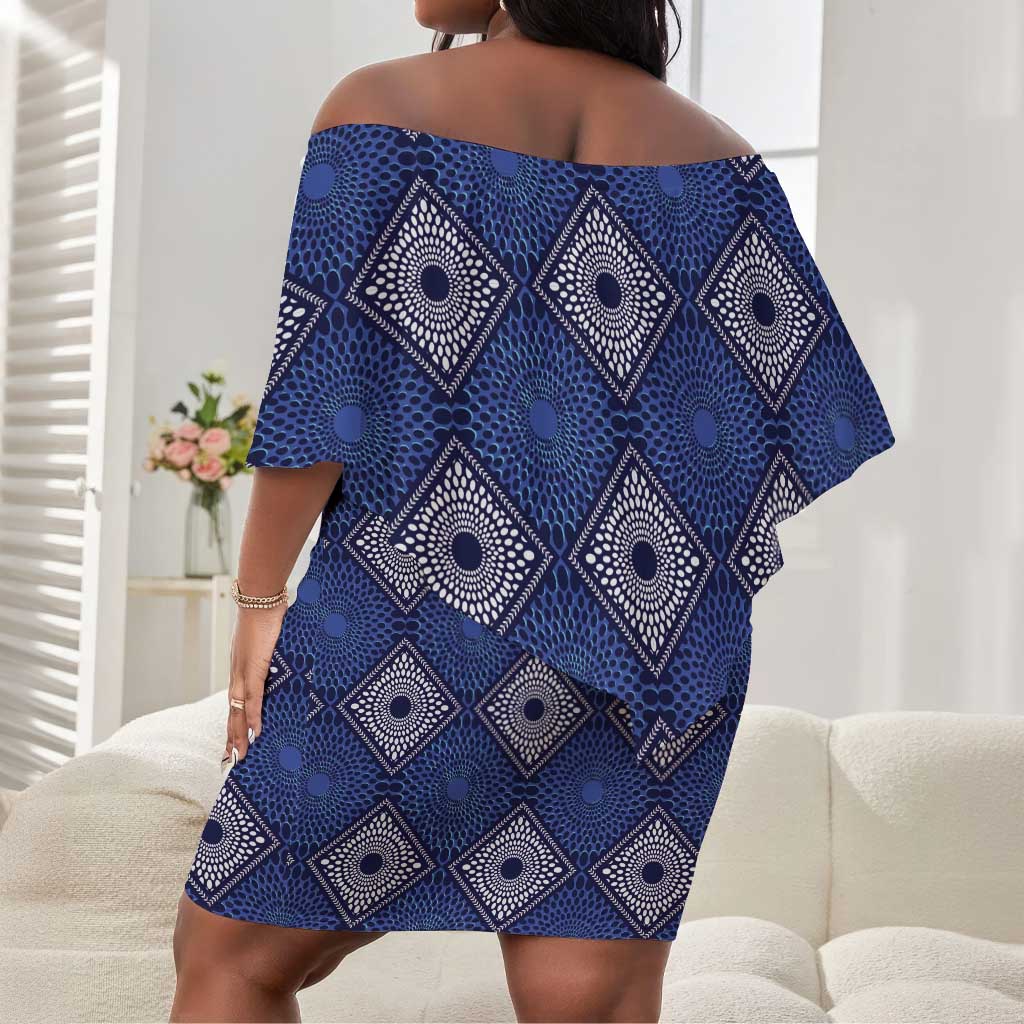Indigo Diamond African Ankara Pattern Off Shoulder Short Dress