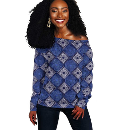 Indigo Diamond African Ankara Pattern Off Shoulder Sweater