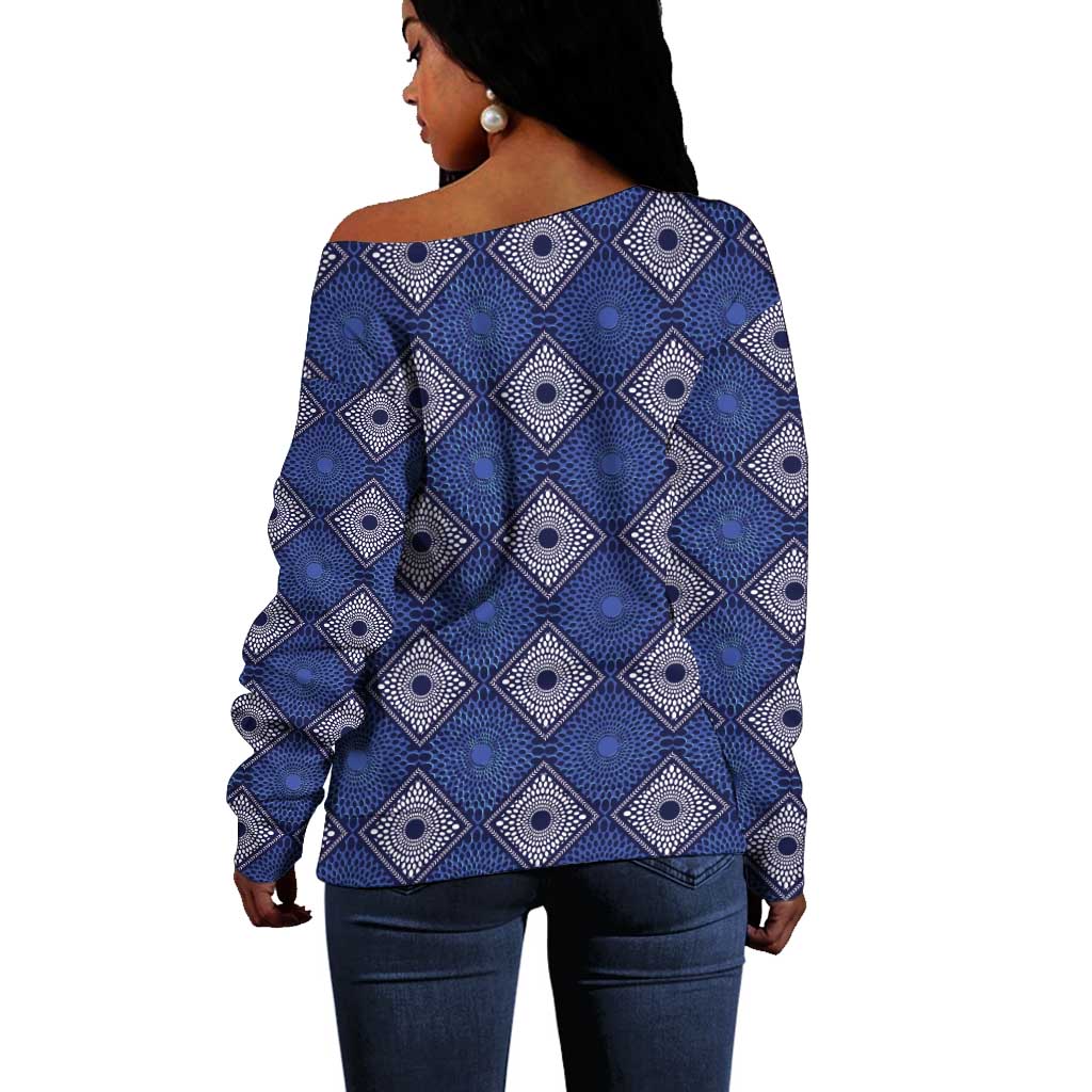 Indigo Diamond African Ankara Pattern Off Shoulder Sweater