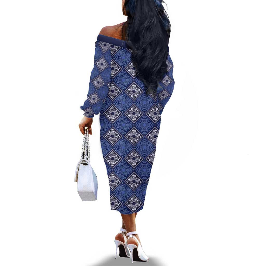 Indigo Diamond African Ankara Pattern Off The Shoulder Long Sleeve Dress