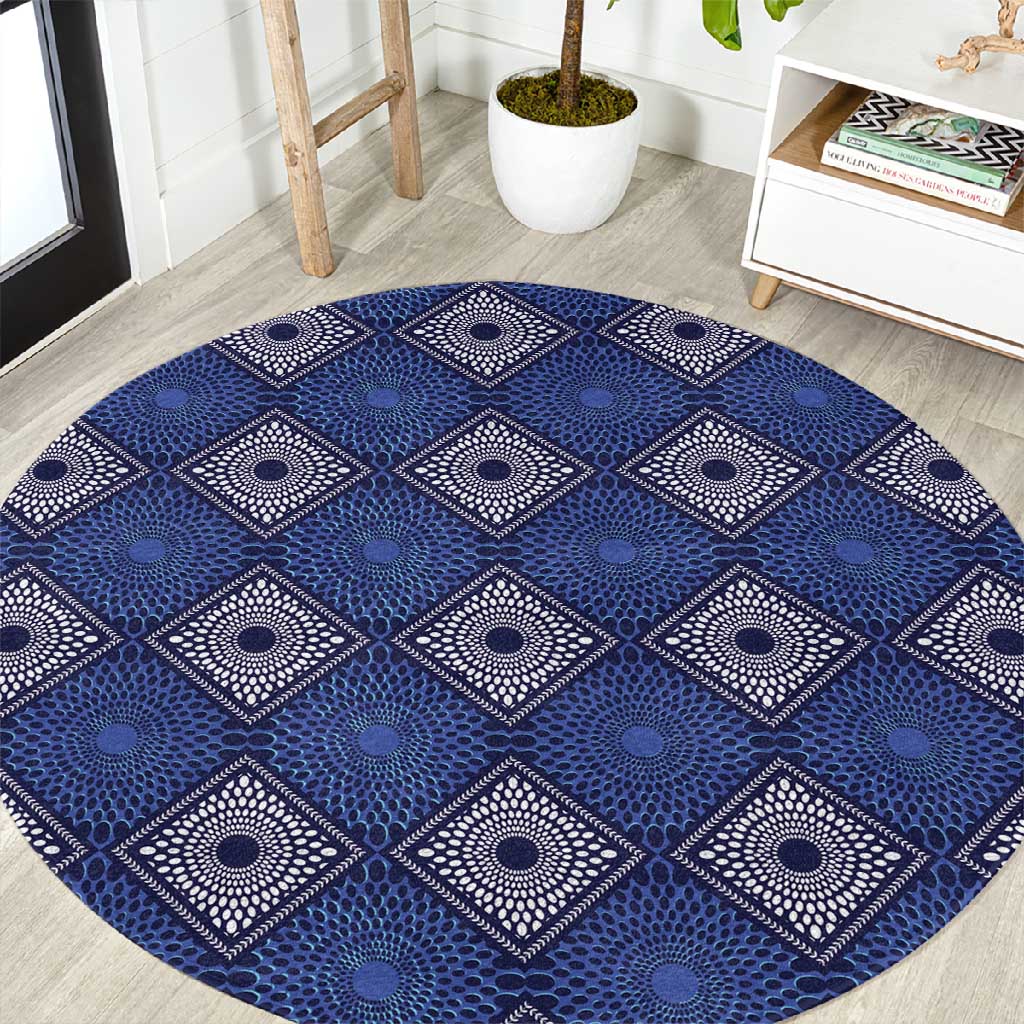 Indigo Diamond African Ankara Pattern Round Carpet