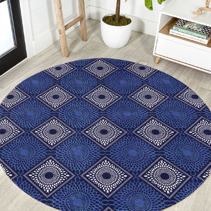 Indigo Diamond African Ankara Pattern Round Carpet