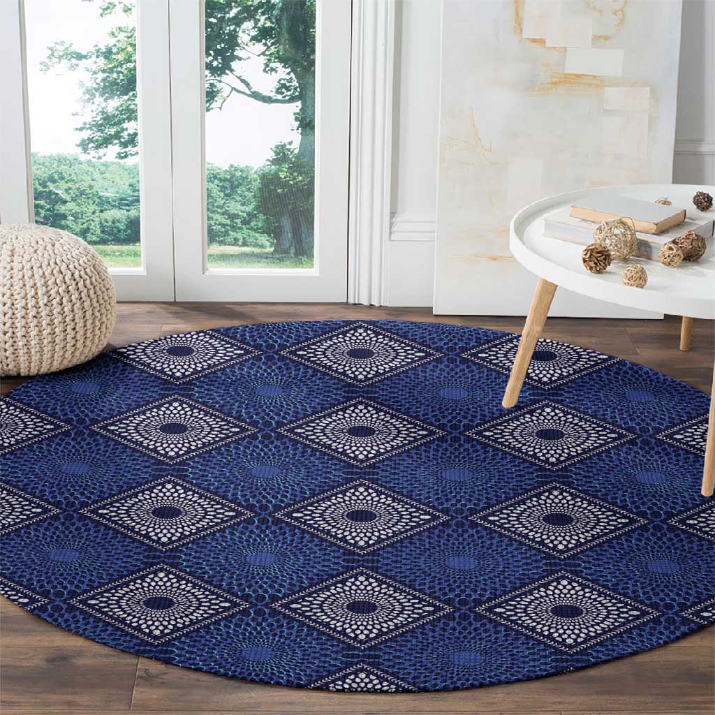 Indigo Diamond African Ankara Pattern Round Carpet