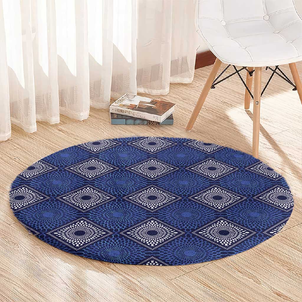 Indigo Diamond African Ankara Pattern Round Carpet