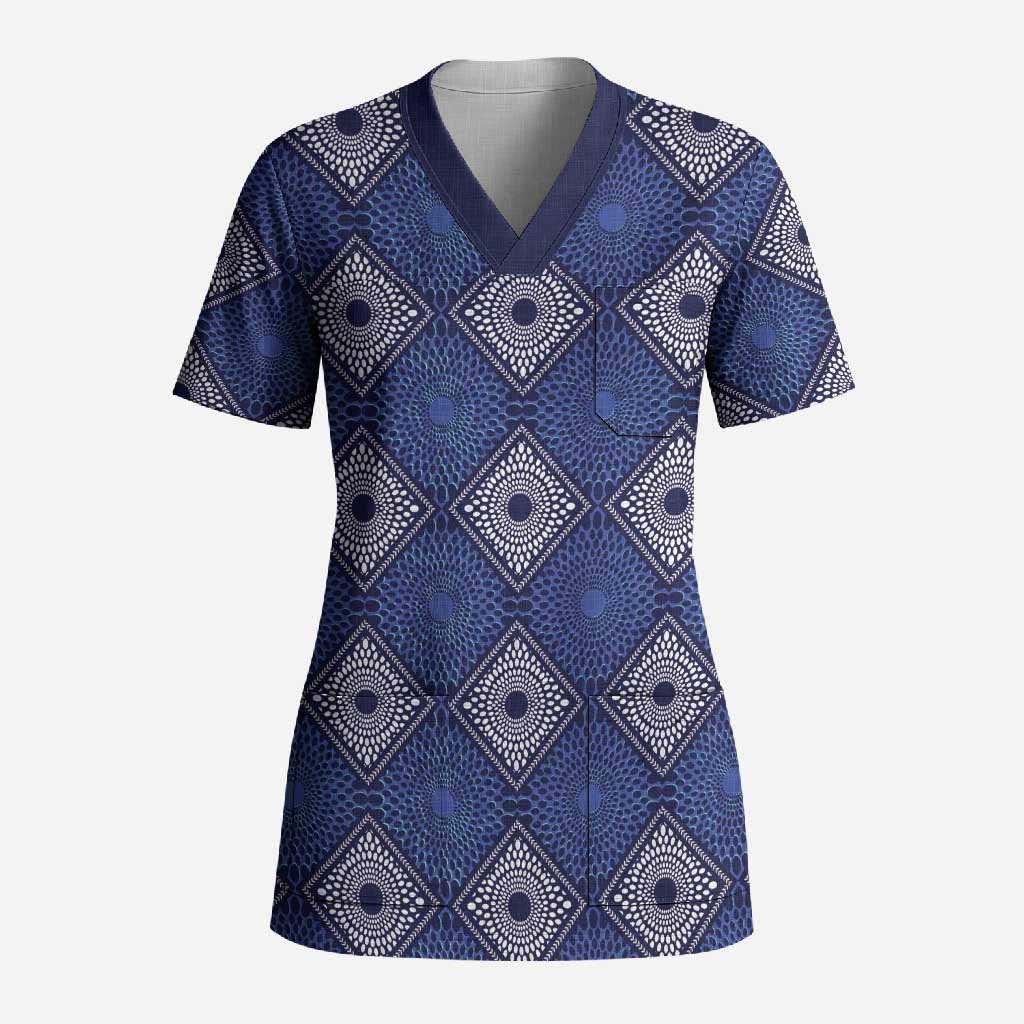 Indigo Diamond African Ankara Pattern Scrub Top