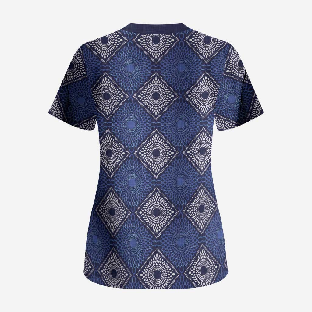 Indigo Diamond African Ankara Pattern Scrub Top