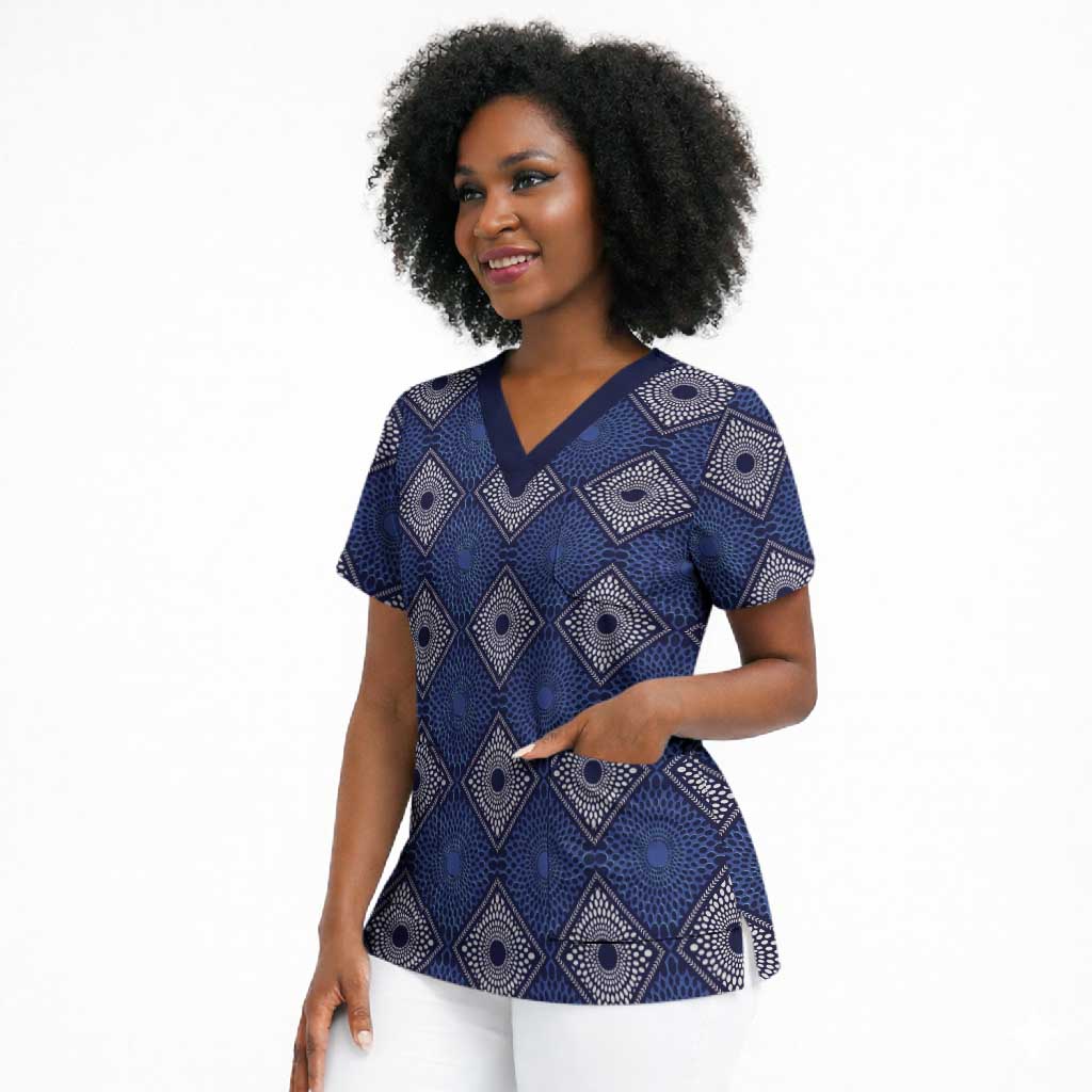 Indigo Diamond African Ankara Pattern Scrub Top