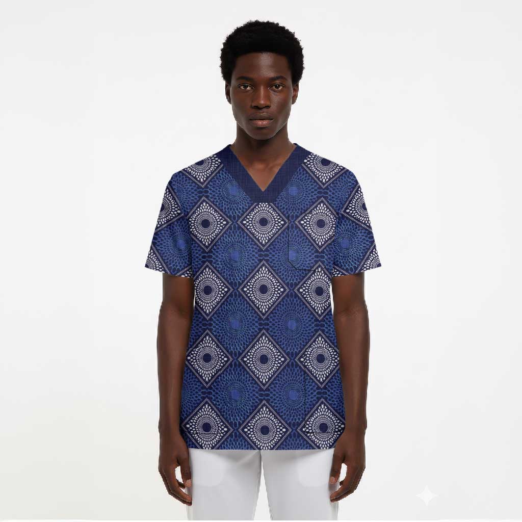 Indigo Diamond African Ankara Pattern Scrub Top