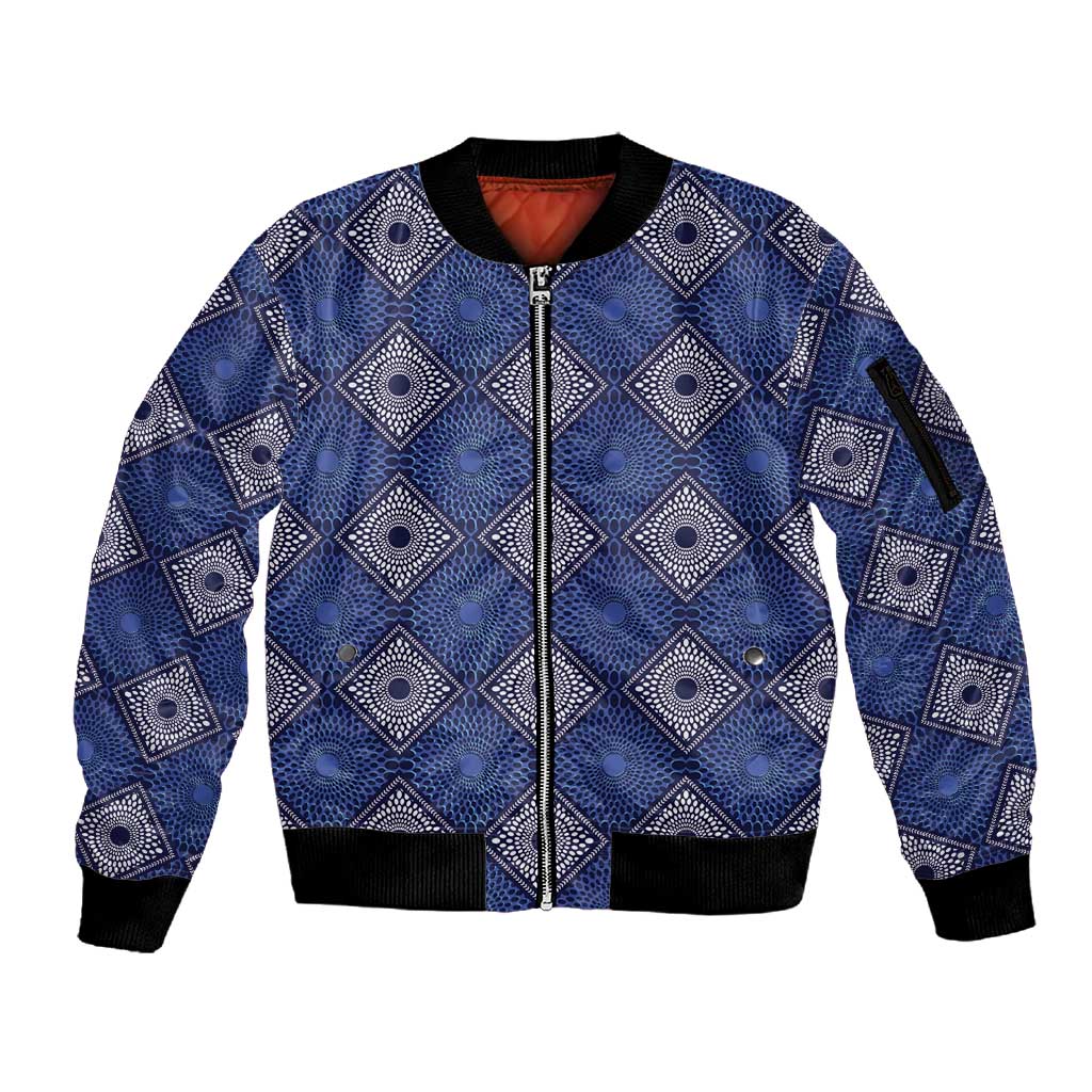 Indigo Diamond African Ankara Pattern Sleeve Zip Bomber Jacket