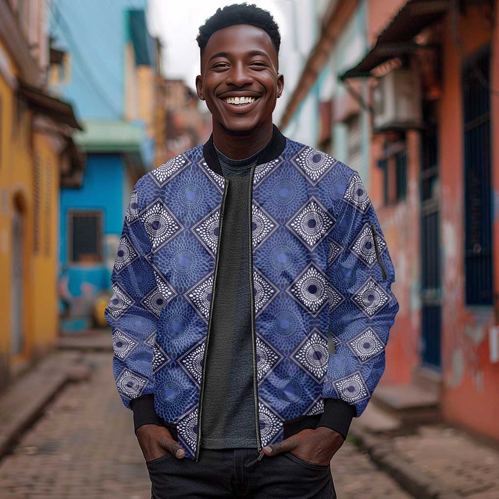 Indigo Diamond African Ankara Pattern Sleeve Zip Bomber Jacket