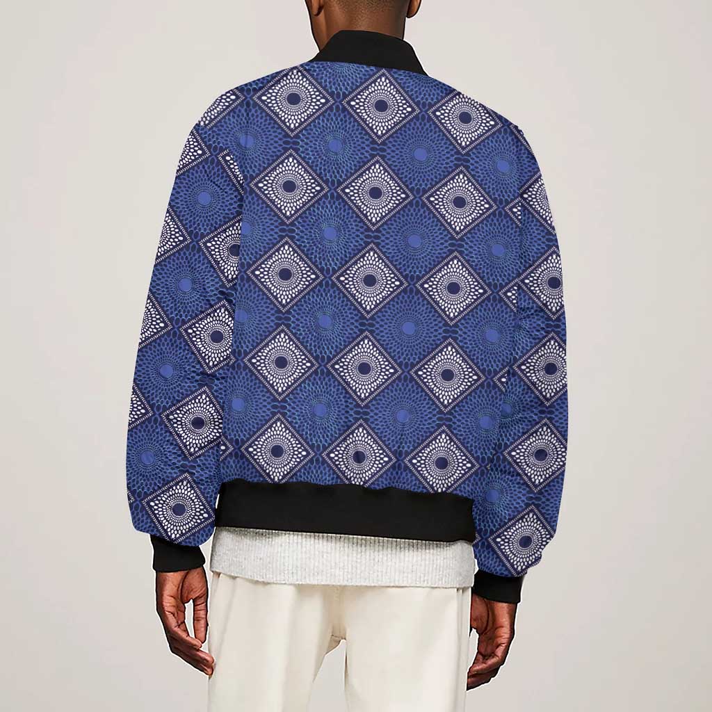 Indigo Diamond African Ankara Pattern Sleeve Zip Bomber Jacket
