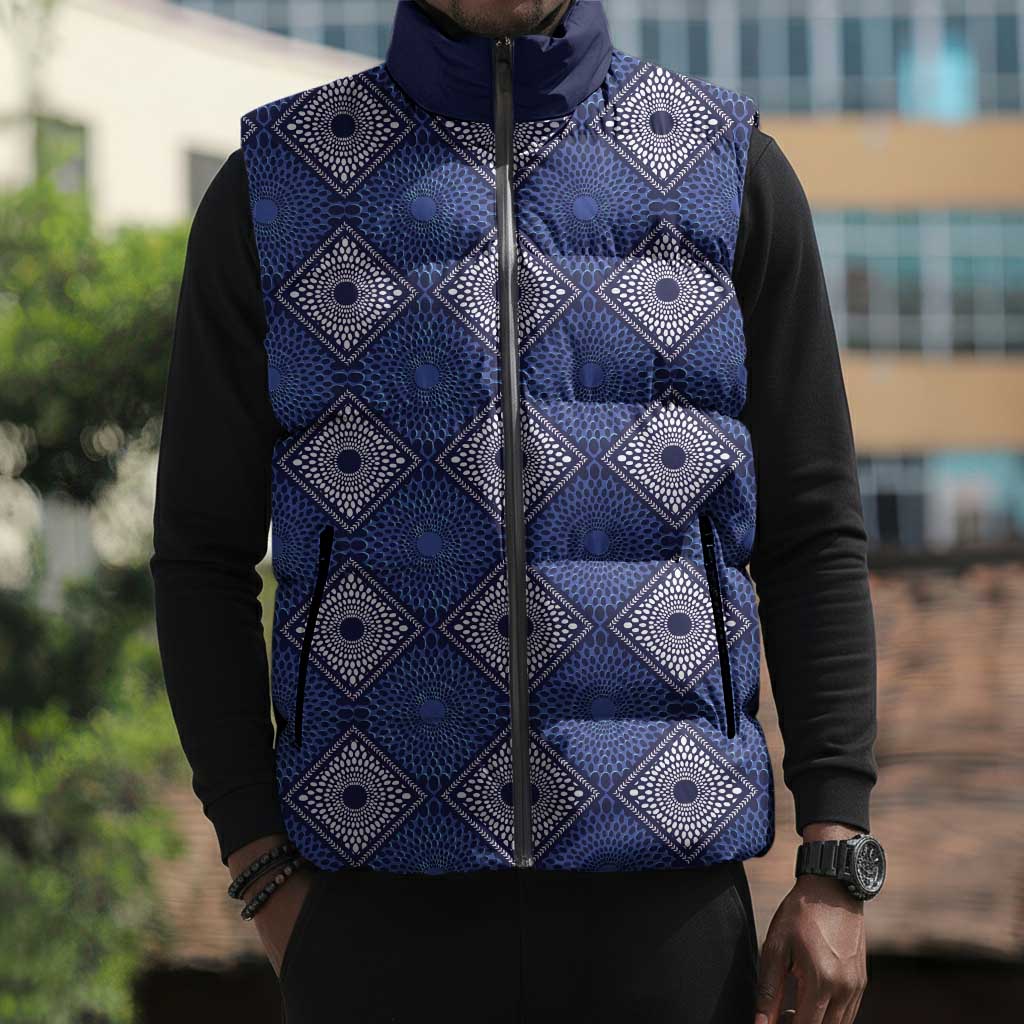 Indigo Diamond African Ankara Pattern Sleeveless Puffer Jacket