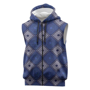 Indigo Diamond African Ankara Pattern Sleeveless Zip Hoodie