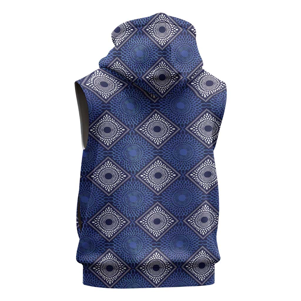 Indigo Diamond African Ankara Pattern Sleeveless Zip Hoodie