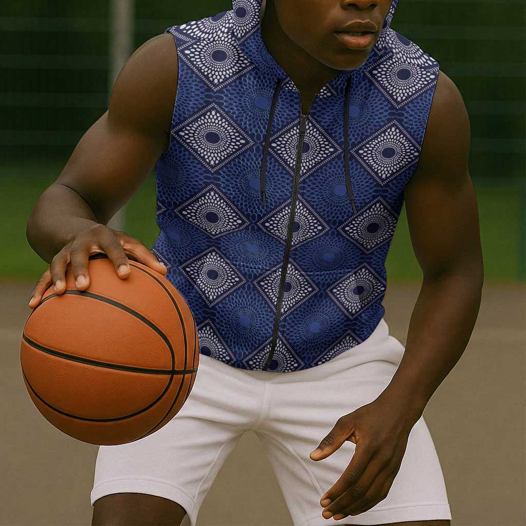 Indigo Diamond African Ankara Pattern Sleeveless Zip Hoodie