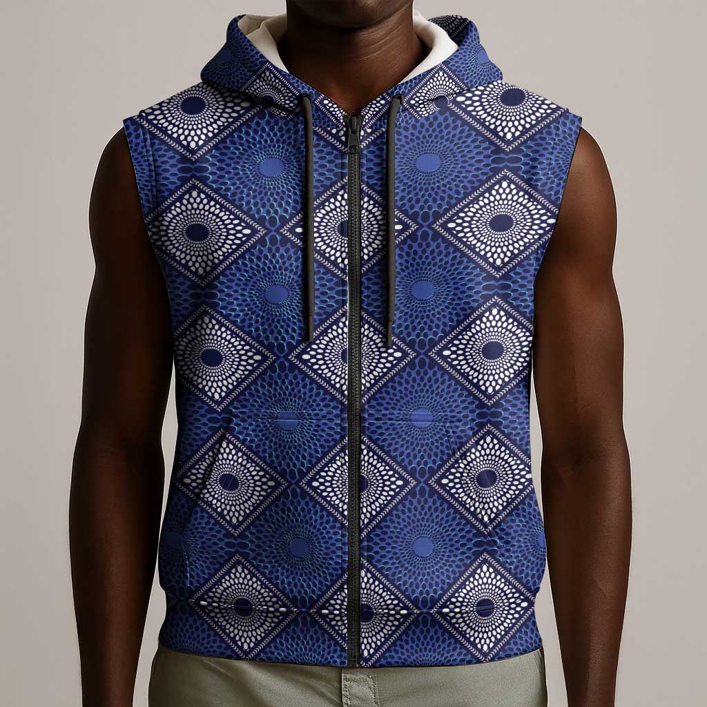 Indigo Diamond African Ankara Pattern Sleeveless Zip Hoodie