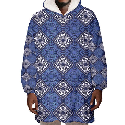 Indigo Diamond African Ankara Pattern Wearable Blanket Hoodie