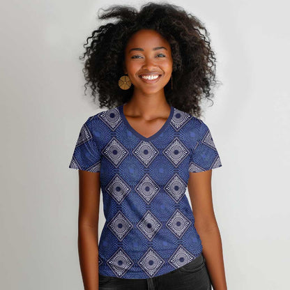 Indigo Diamond African Ankara Pattern Women V-Neck T-Shirt