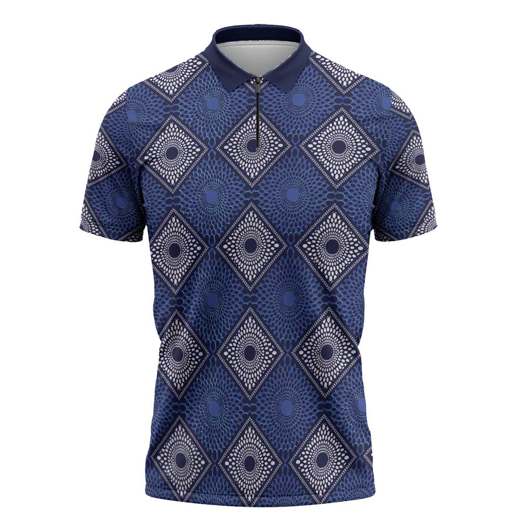 Indigo Diamond African Ankara Pattern Zipper Polo Shirt