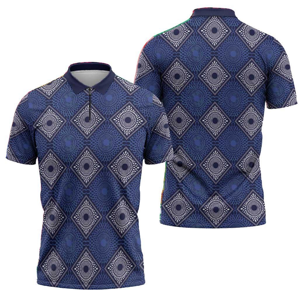 Indigo Diamond African Ankara Pattern Zipper Polo Shirt