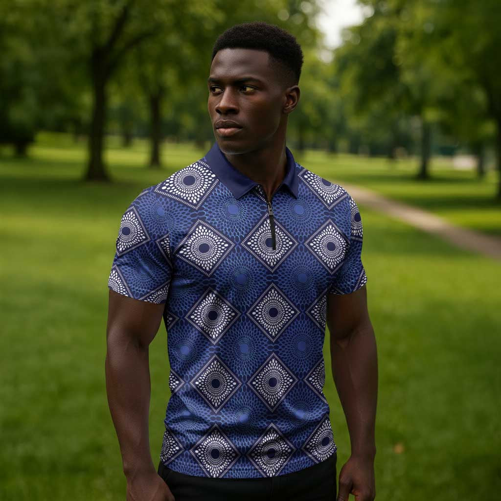 Indigo Diamond African Ankara Pattern Zipper Polo Shirt