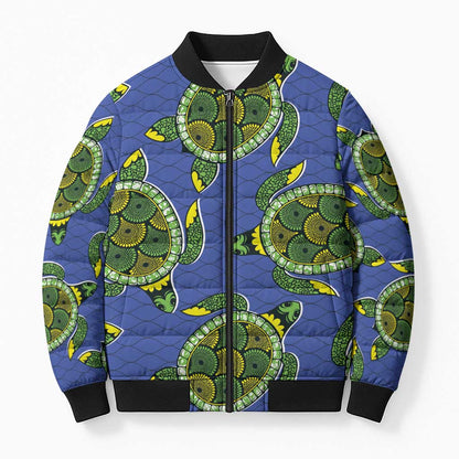 Emerald Turtle African Ankara Pattern Bomber Puffer Jacket