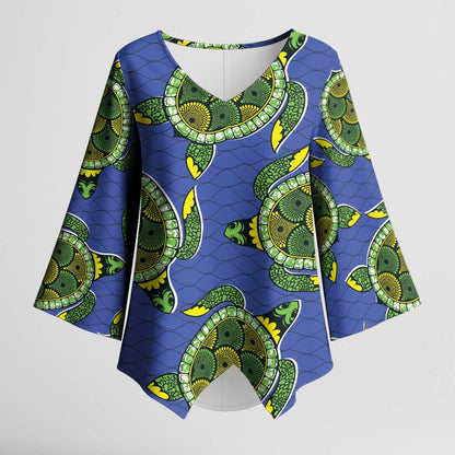 Emerald Turtle African Ankara Pattern Kimono Sleeve Blouse
