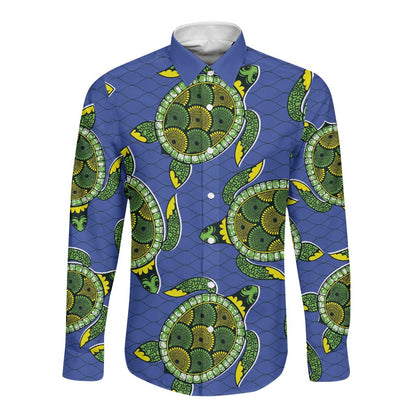 Emerald Turtle African Ankara Pattern Long Sleeve Button Shirt