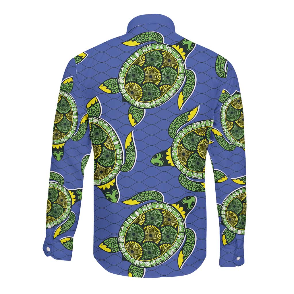 Emerald Turtle African Ankara Pattern Long Sleeve Button Shirt