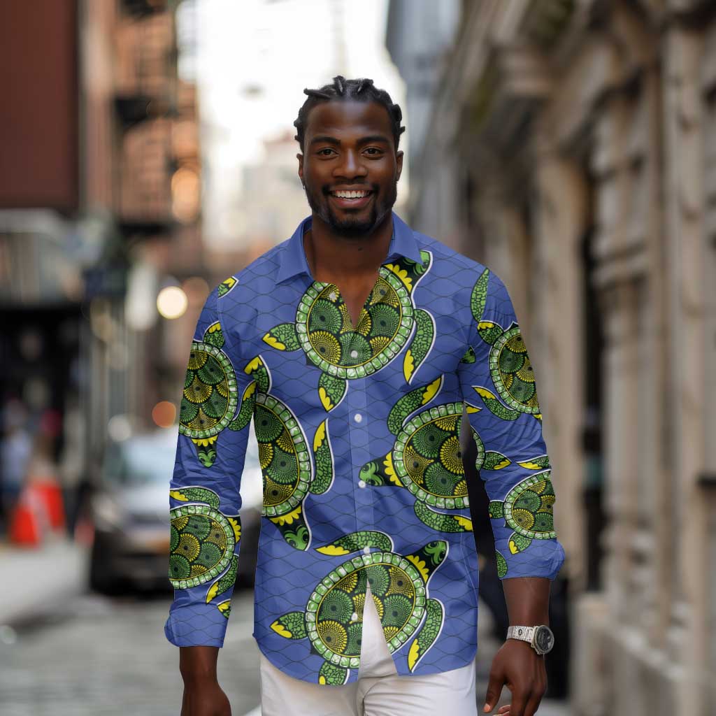 Emerald Turtle African Ankara Pattern Long Sleeve Button Shirt