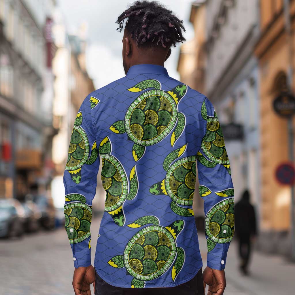 Emerald Turtle African Ankara Pattern Long Sleeve Button Shirt