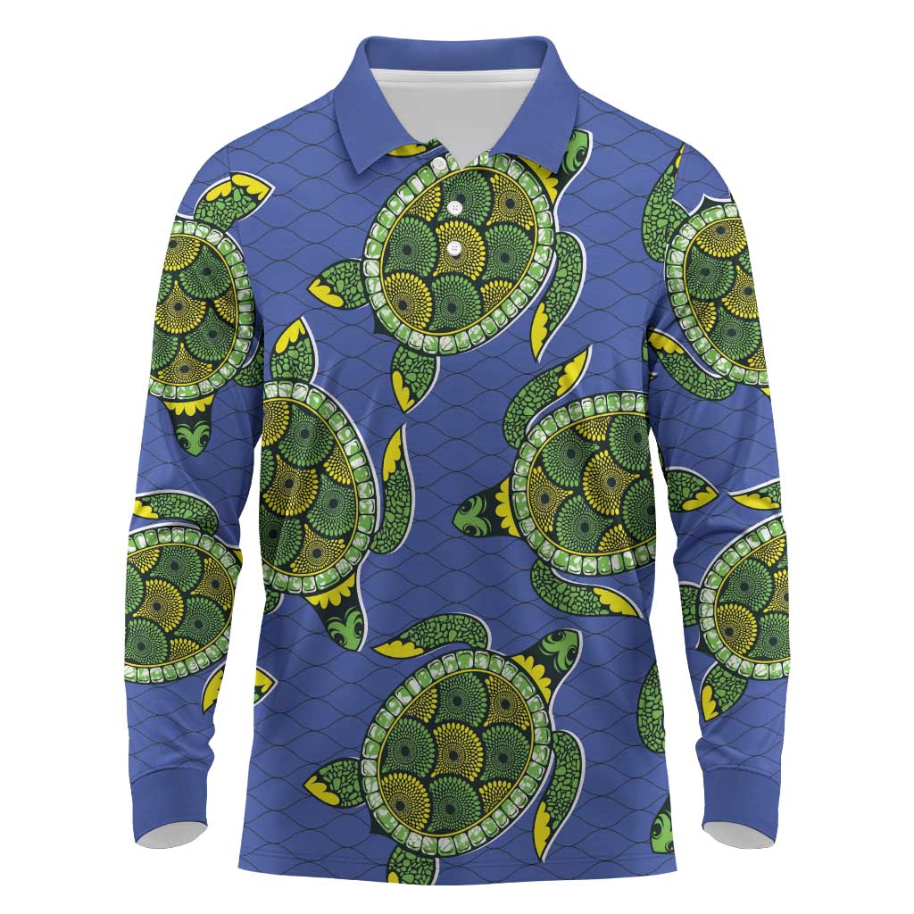 Emerald Turtle African Ankara Pattern Long Sleeve Polo Shirt