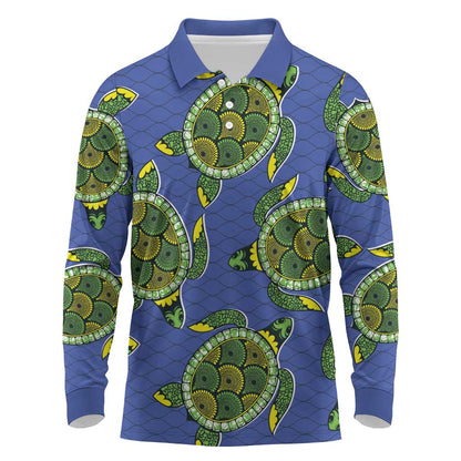 Emerald Turtle African Ankara Pattern Long Sleeve Polo Shirt