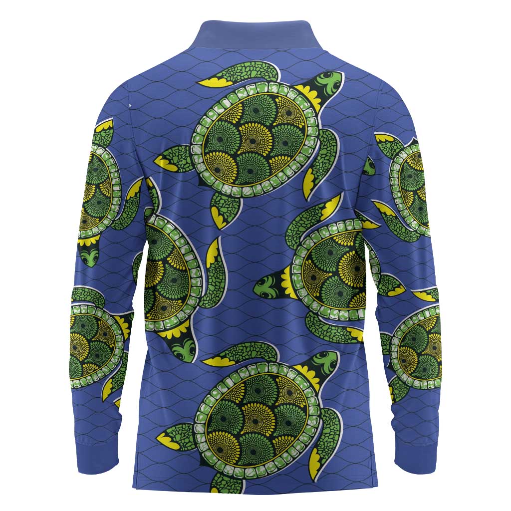 Emerald Turtle African Ankara Pattern Long Sleeve Polo Shirt
