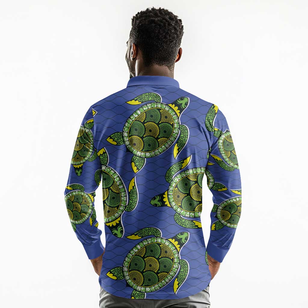 Emerald Turtle African Ankara Pattern Long Sleeve Polo Shirt