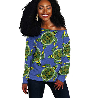 Emerald Turtle African Ankara Pattern Off Shoulder Sweater