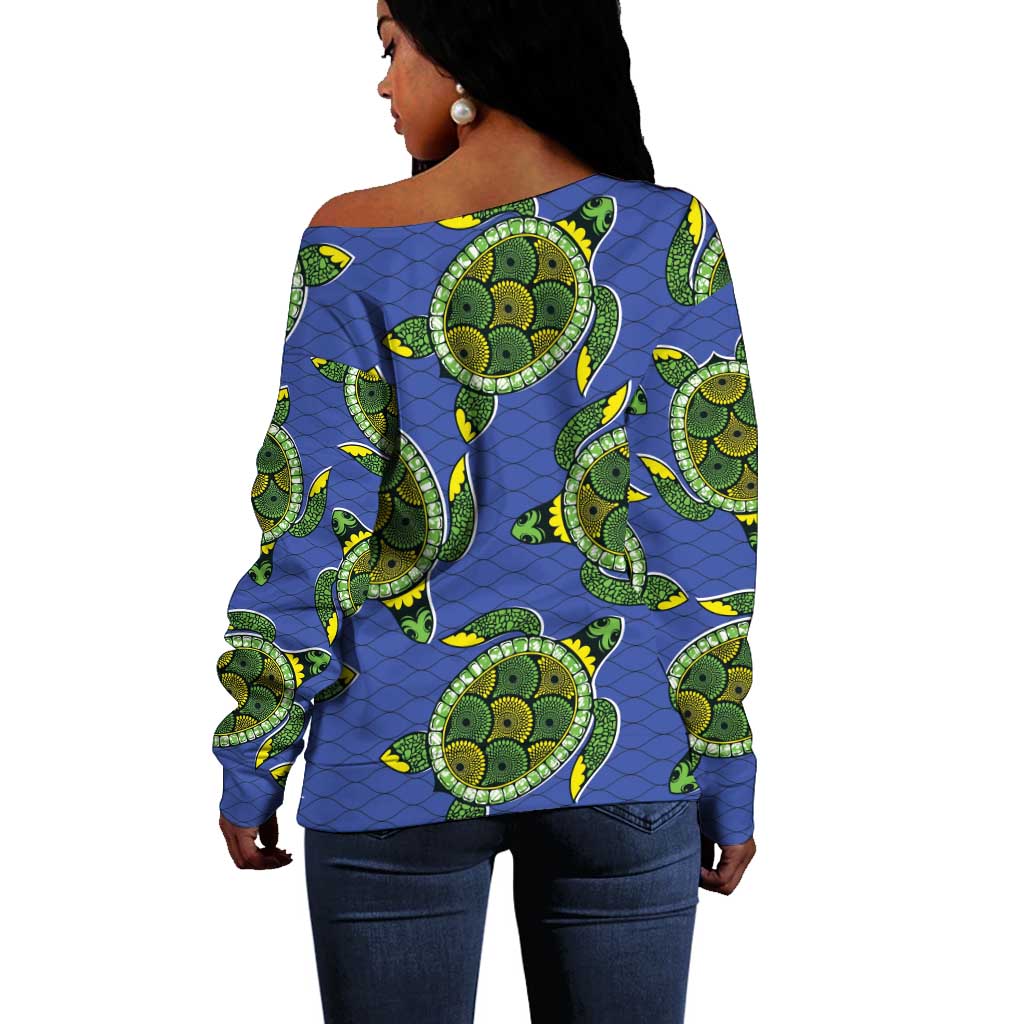 Emerald Turtle African Ankara Pattern Off Shoulder Sweater
