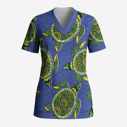 Emerald Turtle African Ankara Pattern Scrub Top