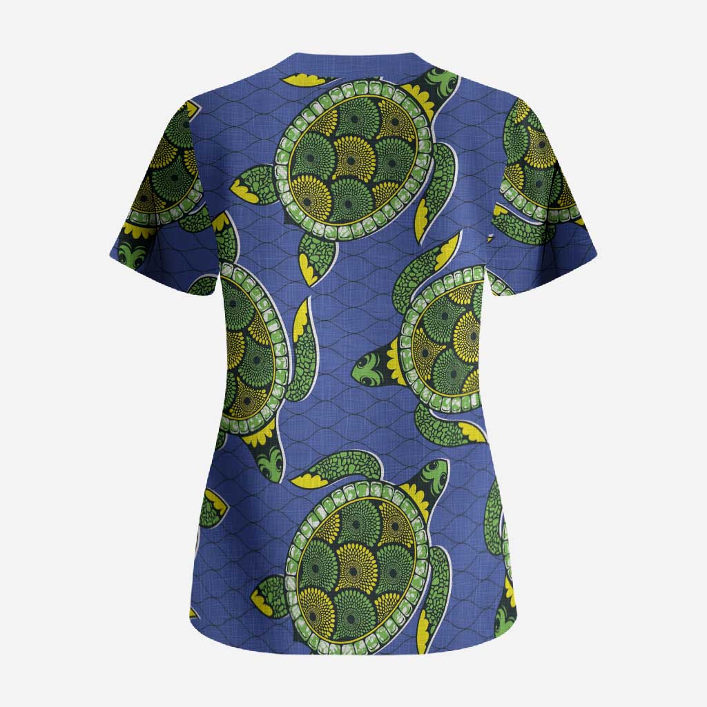 Emerald Turtle African Ankara Pattern Scrub Top
