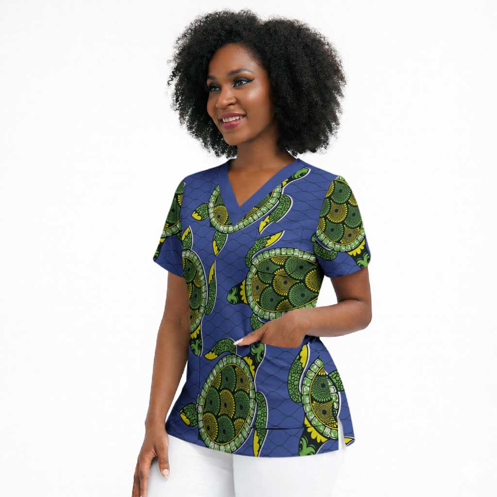 Emerald Turtle African Ankara Pattern Scrub Top