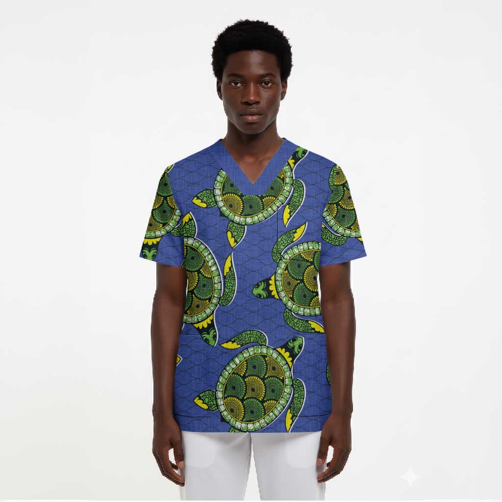 Emerald Turtle African Ankara Pattern Scrub Top